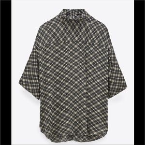Zara m Plaid Print Top with High Collar NWT
